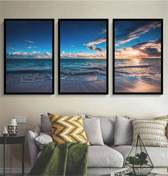 Kit 3 Quadros Praia Pôr Do Sol Paisagens Decoração Moldura