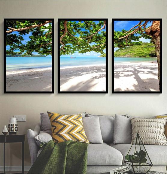 Kit 3 Quadros Praia Sol e Mar Paisagem Decoração Com Moldura