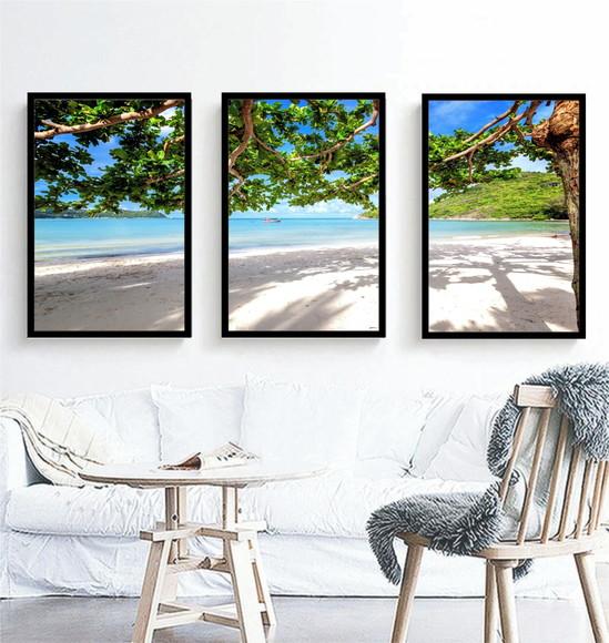 Kit 3 Quadros Praia Sol e Mar Paisagem Decoração Com Moldura
