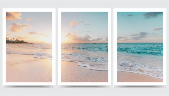 Kit 3 Quadros Praia Sol Mar Decoração Conjunto com Moldura