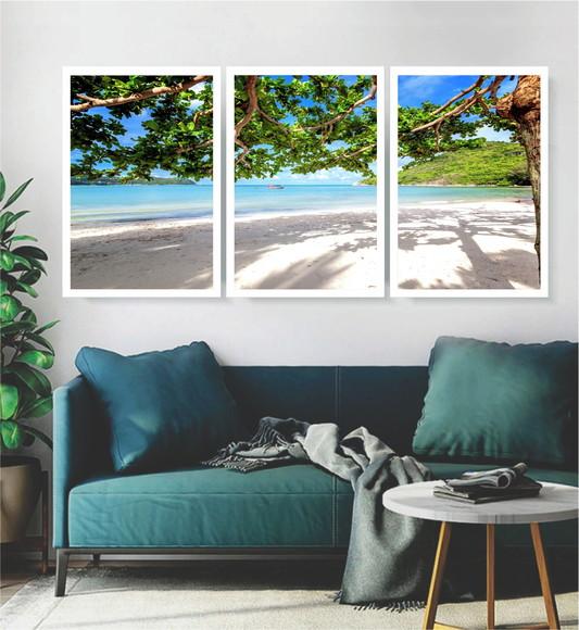 Kit 3 Quadros Praia Sol Mar Paisagem Decoração Com Molduras