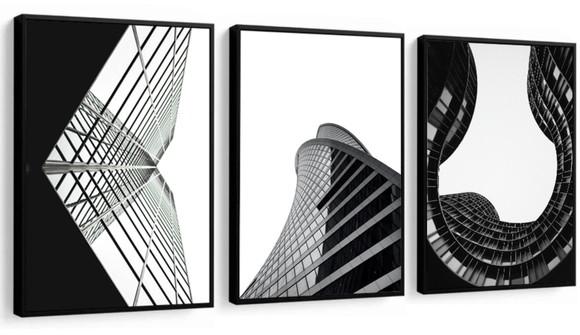 Kit 3 Quadros Prédio Cidade Preto e Branco Decoração Moldura