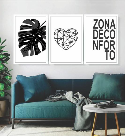 Kit 3 Quadros Preto e Branco Casa Decoração Folhagem Moldura