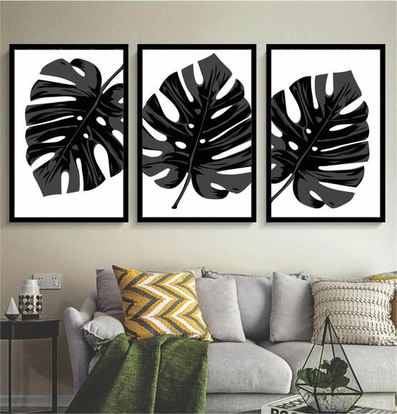 Kit 3 Quadros Preto e Branco Decoração Folhagem Com Molduras