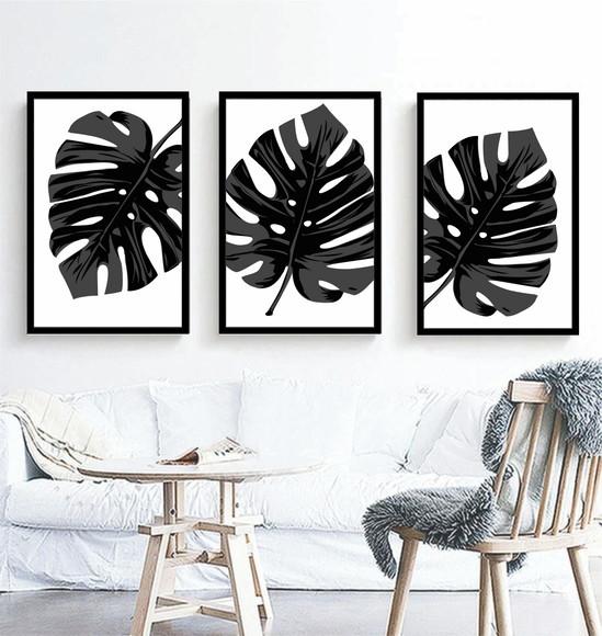 Kit 3 Quadros Preto e Branco Decoração Folhagem Com Molduras