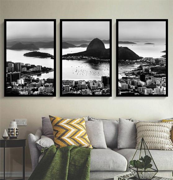 Kit 3 Quadros Rio Corcovado Preto e Branco Decoração Moldura