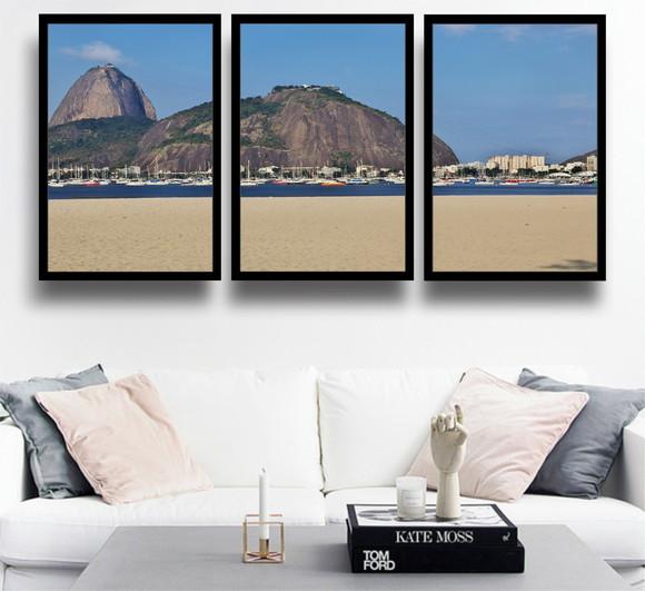 Kit 3 Quadros Rio De Janeiro Cartão Postal Mar Com Moldura