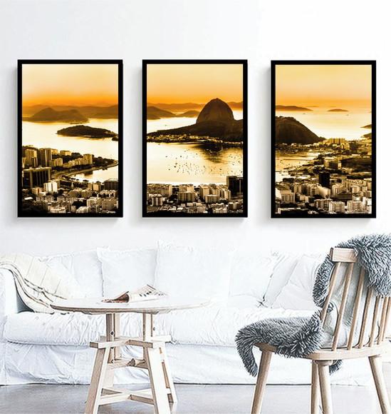 Kit 3 Quadros Rio De Janeiro Corcovado Decoração Com Moldura