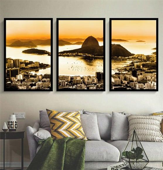 Kit 3 Quadros Rio De Janeiro Corcovado Decoração Com Moldura