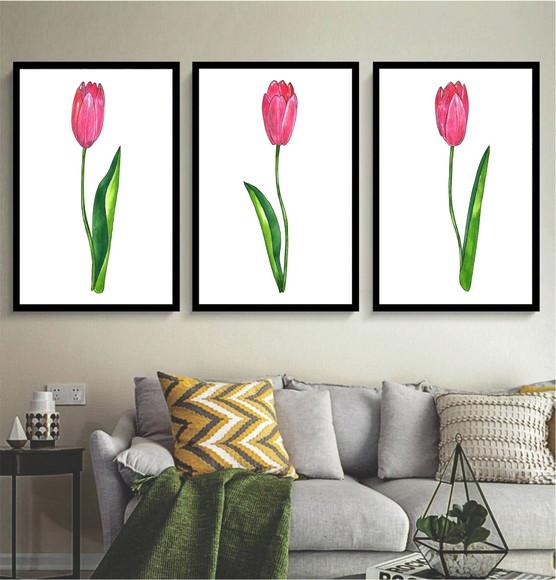 Kit 3 Quadros Rosas Botânico Conjunto Decoração Com Moldura