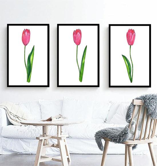 Kit 3 Quadros Rosas Botânico Conjunto Decoração Com Moldura