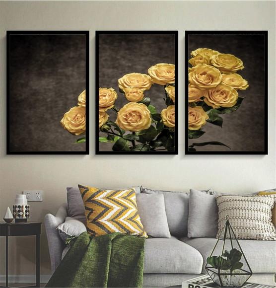 Kit 3 Quadros Rosas Flores Amarelas Decoração Com Molduras