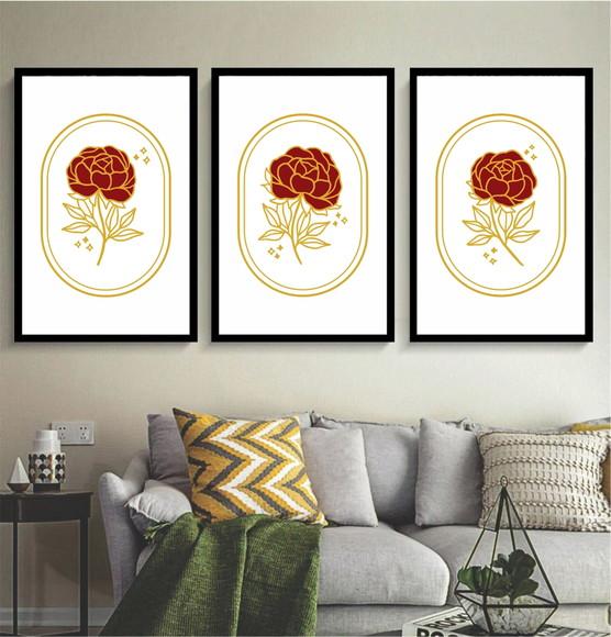 Kit 3 Quadros Rosas Vermelhas Decoração Conjunto Com Moldura