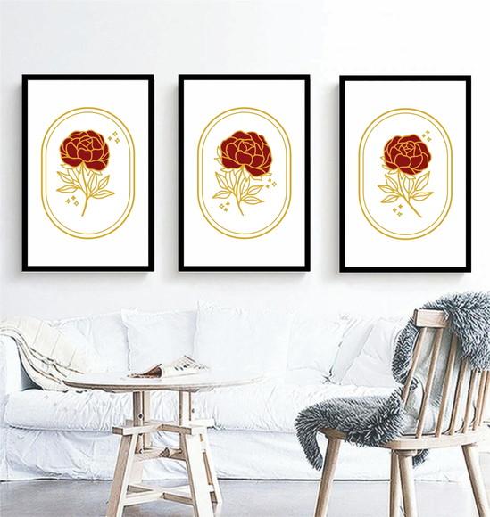 Kit 3 Quadros Rosas Vermelhas Decoração Conjunto Com Moldura