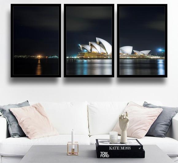 Kit 3 Quadros Sydney Austrália Decoração Cidades Com Moldura