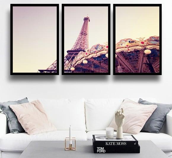 Kit 3 Quadros Torre Eiffel Paris Decoração Parques Molduras