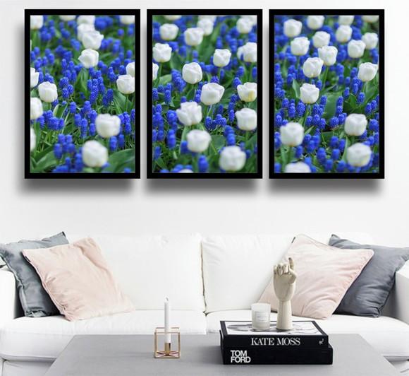 Kit 3 Quadros Tulipa Branca Decoração Flor Azul Com Molduras