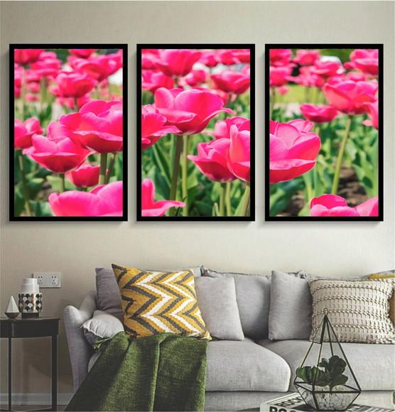 Kit 3 Quadros Tulipas Rosa Decoração Campo Conjunto Molduras