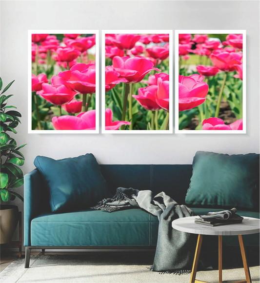 Kit 3 Quadros Tulipas Rosa Decoração Campo Conjunto Moldura