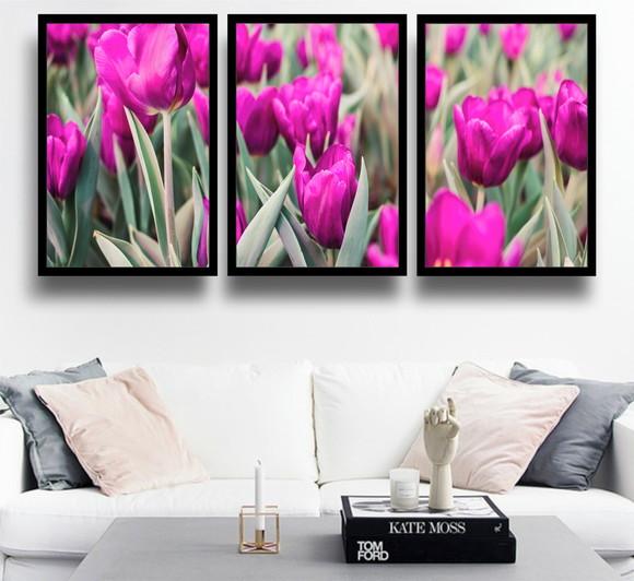 Kit 3 Quadros Tulipas Rosa Flores Decoração Conjunto Moldura
