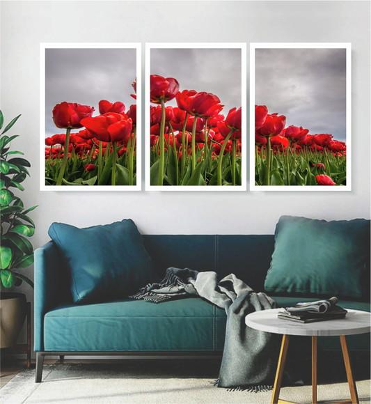 Kit 3 Quadros Tulipas Vermelhas Decoração Conjunto Moldura