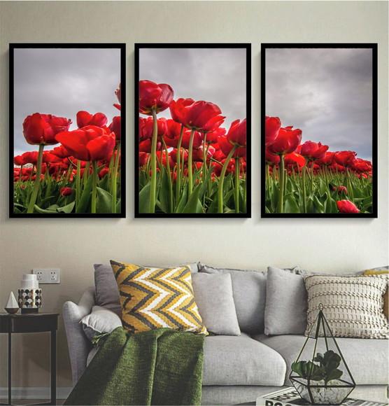 Kit 3 Quadros Tulipas Vermelhas Decoração Conjunto Molduras