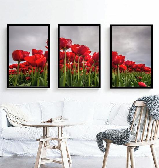 Kit 3 Quadros Tulipas Vermelhas Decoração Conjunto Molduras