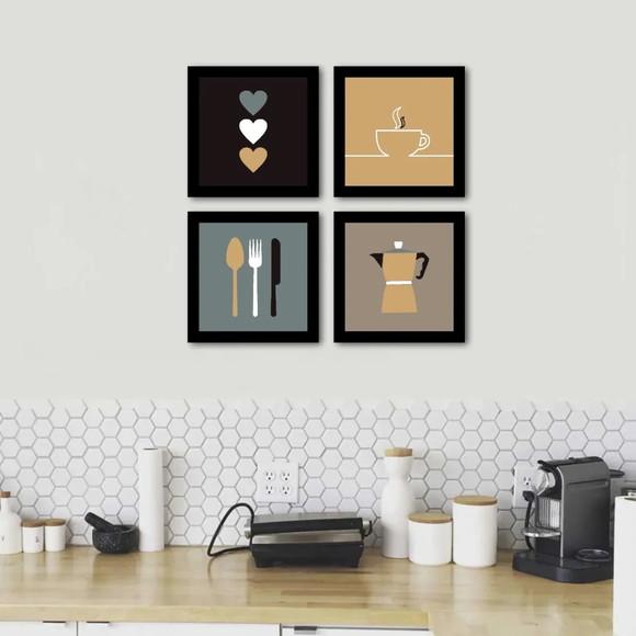 Kit 4 Quadros Cozinha Talheres Café Decoração com Molduras