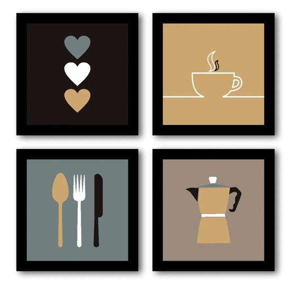 Kit 4 Quadros Cozinha Talheres Café Decoração com Molduras