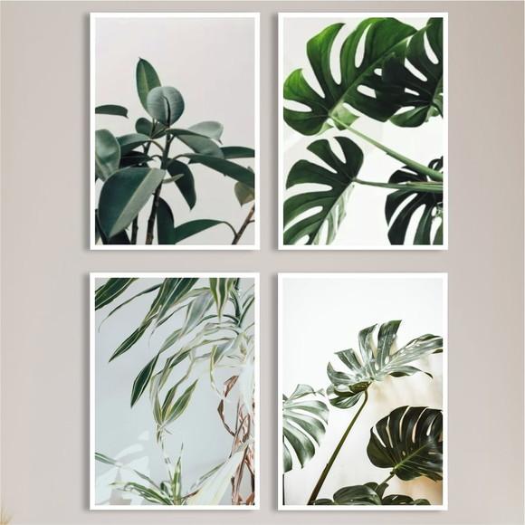 Kit 4 Quadros Decorativos Modernos Folhagem Verde Moldura
