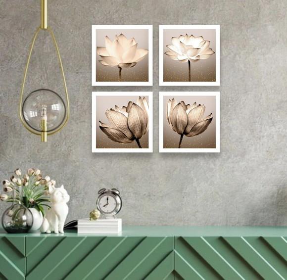 Kit 4 Quadros Decorativos Flores para Sala Quarto Moldura