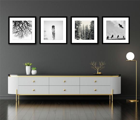 Kit 4 Quadros Decorativos Paisagem Preto e Branco Moldura