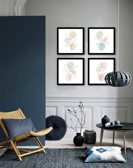 Kit 4 Quadros Decorativos para Sala Pequeno Moderno Flores