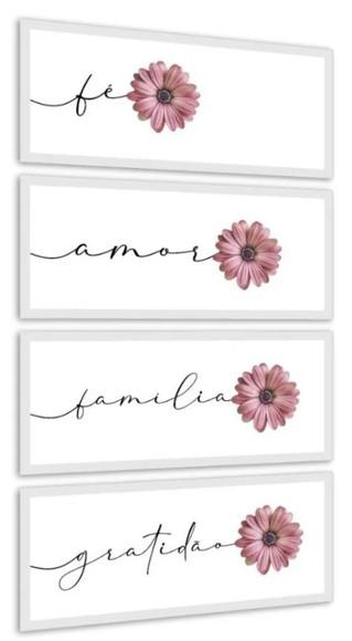 Kit 4 Quadros Frases Amor Fé Família Decoração com Molduras