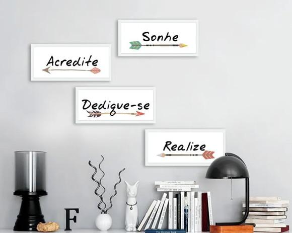 Kit 4 Quadros Frases Positivas Decoração Casa Quarto Moldura