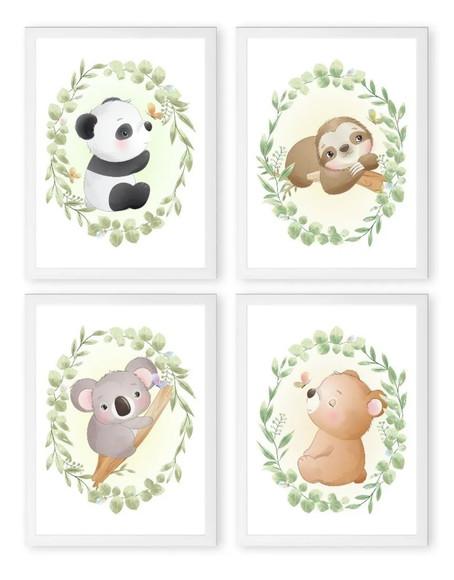 Kit 4 Quadros Infantil Desenho Fofo Animal Decoração Moldura