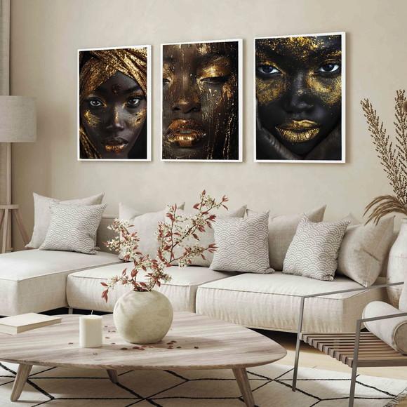 Kit Quadro Decorativo Moderno Mulheres Dourada Luxo Moldura
