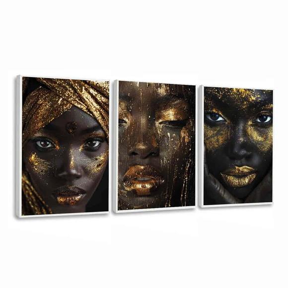 Kit Quadro Decorativo Moderno Mulheres Dourada Luxo Moldura