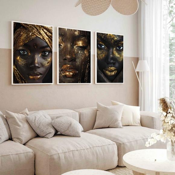 Kit Quadro Decorativo Moderno Mulheres Dourada Luxo Moldura