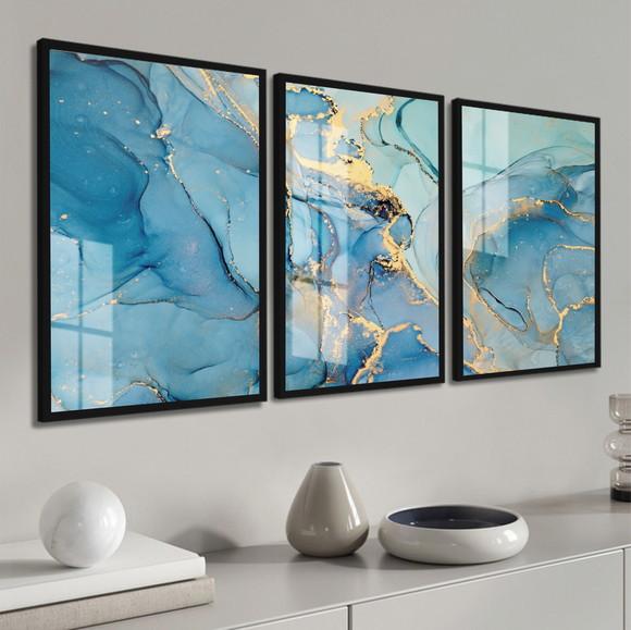 Kit Quadros Decorativos Abstrato Dourado Azul Moldura Vidro