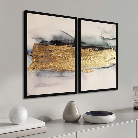 Kit Quadros Decorativos Abstrato Dourado Mármore Moldura