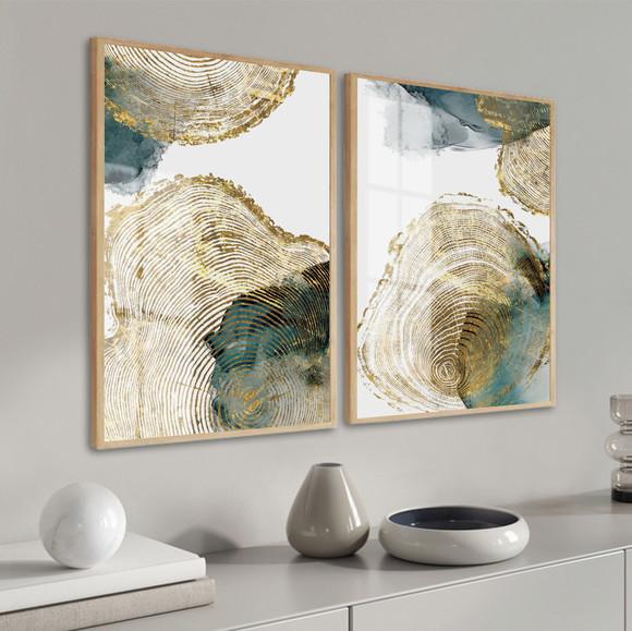 Kit Quadros Decorativos Abstrato Dourado Verde Moldura Vidro