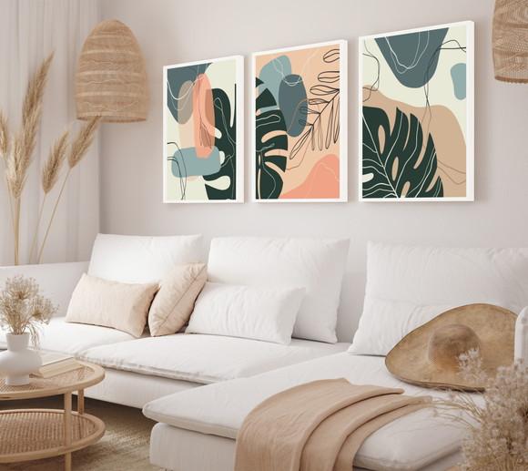 Kit Quadros Decorativos Abstrato Folhagem Para Sala Moldura