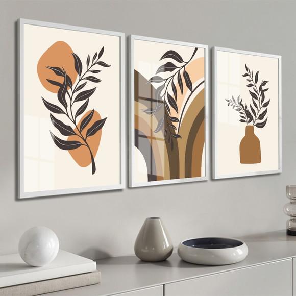 Kit Quadros Decorativos Abstrato Folhagem Boho Moldura Vidro