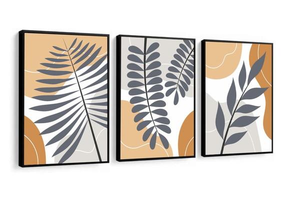 Kit Quadros Decorativos Abstrato Folhagem Para Sala Moldura