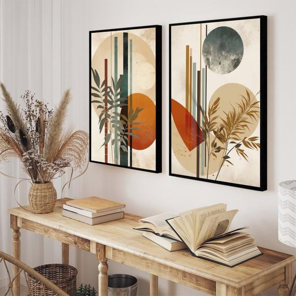 Kit Quadros Decorativos Abstrato Folhas Moderna Sala Moldura