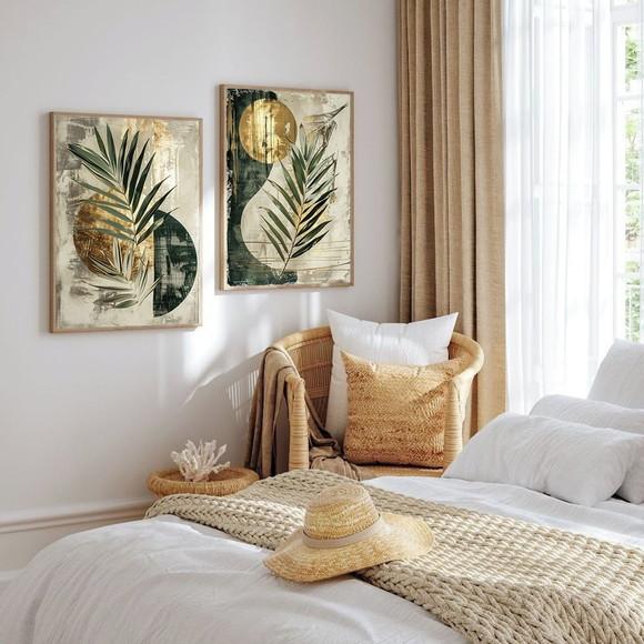 Kit Quadros Decorativos Abstrato Folhas Verdes Gold Moldura