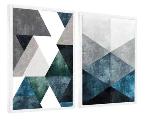 Kit Quadros Decorativos Abstrato Geométrico Azul Com Moldura