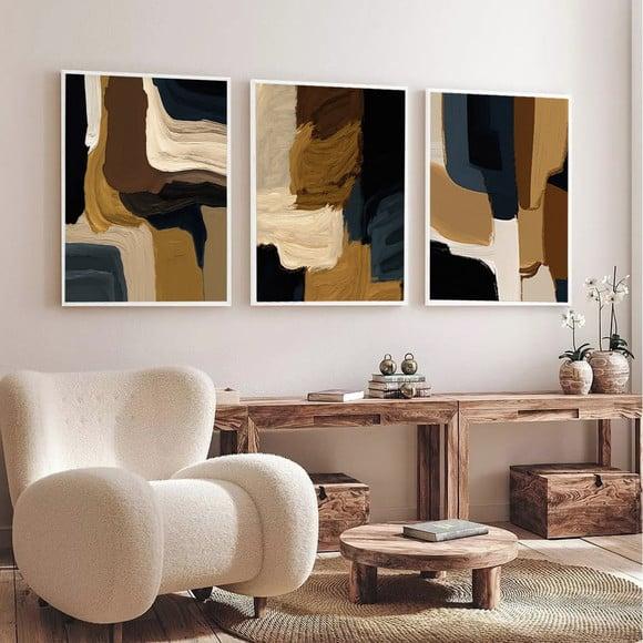 Kit Quadros Decorativos Abstrato Moderno Boho Marrom Moldura
