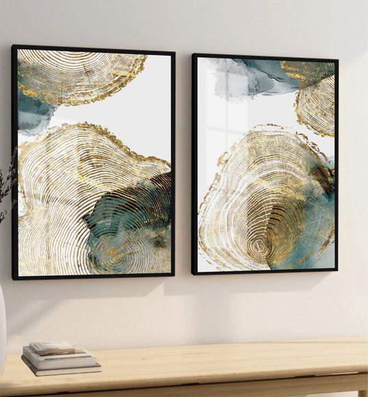 Kit Quadros Decorativos Abstrato Verde Dourado Moldura Vidro